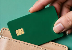 Main rangeant une carte bancaire à puce dans un portefeuille