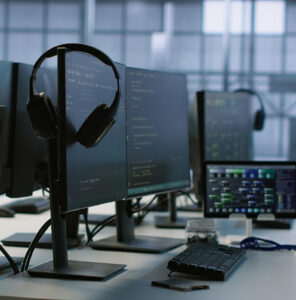 Poste de travail informatique avec plusieurs écrans, clavier et casque